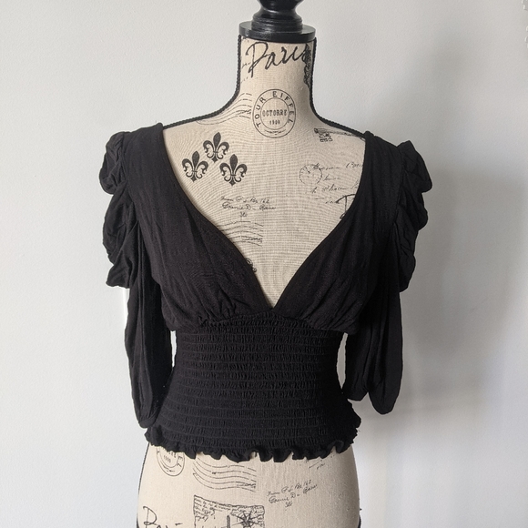 Free People V-neck Puffy Sleeves Black Top - Picture 1 of 2